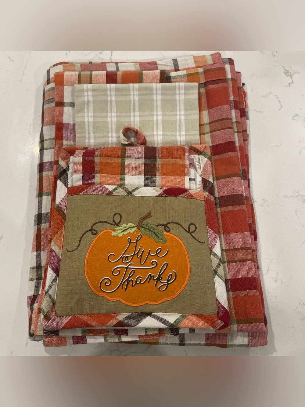 Orange and Red Plaid Kitchen Set - Pocket Potholder, Kitchen Napkins, Tablecloth